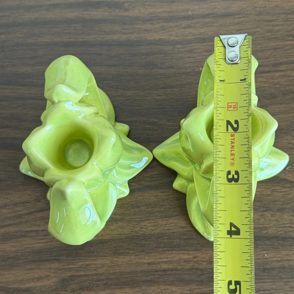 Vintage Chartreuse Green Ceramic Tulips Floral Candle Holder Set of 2 MCM READ